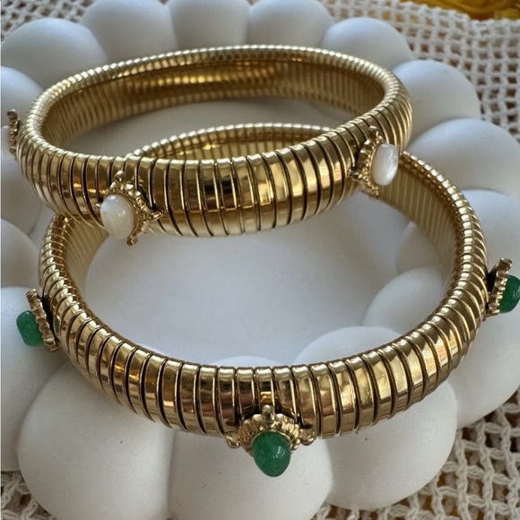 Gold Tone Omega Bracelet Kimono Dragon NYC Small MOP & Green Resin (set of 2) - Picture 1 of 5